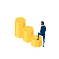 Flat 3D isometric. Businessman in suit walking on money stair to success. Stair step to success Royalty Free Stock Photo