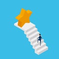 Flat 3D isometric. Businessman in suit walking on stair to victory star and success. Stair step to success.