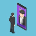 Isometric businessman use face scaning to unlock smartphone