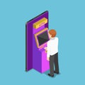 Isometric businessman using an atm machine on smartphone