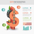 Flat 3D isometric city infrastructure infographics, dollar shape Royalty Free Stock Photo