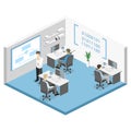 Flat 3D isometric concept illustration of office software developer and teamwork. .