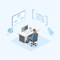 Flat 3D isometric concept illustration of office software developer and teamwork. .