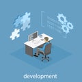 Flat 3D isometric concept illustration of office software developer and teamwork. .
