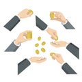 Flat 3d isometric hands with coins: give take throw toss put in Royalty Free Stock Photo