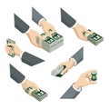 Flat 3d isometric hands with dollar notes packs: money give take Royalty Free Stock Photo