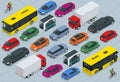 Flat 3d isometric high quality city transport car icon set. Bus, bicycle courier, Sedan, van, cargo truck, off-road Royalty Free Stock Photo