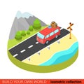 Flat 3d isometric hippie van mountain road tourism info