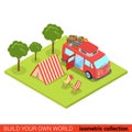 Flat 3d isometric hippie van outdoor tent lounge camping