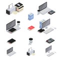 Flat 3d Isometric icons - laptop, computer, calculator, notebook, coffee, office folder. Office Equipments and Interior