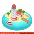 Flat 3d isometric lighthouse island marine boat building sea