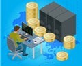 Flat 3d isometric man on computer online mining bitcoin concept. Bitcoin mining equipment. Digital Bitcoin. Golden coin