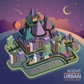 Flat 3d isometric night urban landscape illustration