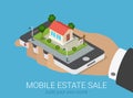 Flat 3d isometric real estate infographic: smartphone house sale Royalty Free Stock Photo