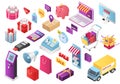 Flat 3d isometric style online store shopping set of vector illustrations. Web mobile app infographics icon set. Cart Royalty Free Stock Photo