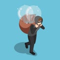 Isometric thief stolen light bulb of idea and carrying on his ba