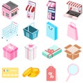 Flat 3d isometric trendy style online store shopping web mobile app infographics icon set. Cart bag credit card laptop wallet labe Royalty Free Stock Photo