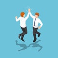 Isometric two businessmen jumping and giving high five in the air Royalty Free Stock Photo