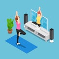 Isometric Woman Training Yoga by Follow Coach in Television