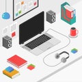 Flat 3d isometric workspace concept with laptop vector illustration.