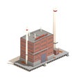 Flat 3d model isometric red brick factory building illustration isolated on white background.