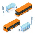 Flat 3d vector Isometric illustration of a bus and bus stop. Public transportation Royalty Free Stock Photo