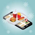Isometric city. Winter fast food delivering. Fast food restaurant. Food on waiter tray.Snow winter day. Mobile searching
