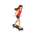 Girl riding a skateboard. Flat 3d isometric vector illustration