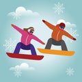 Isometric isolated vector man and woman snowboarder. Urban style and hot tricks in park. Snowboarding, winter sport