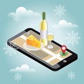 Isometric food delivering. Looking for bar or dinner in winter. Mobile searching.