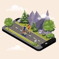 Woman and man riding a skateboard on countryside summer sunny road or highway. Isometric countryside. Mobile geo