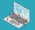 Flat 3d web isometric people oversize laptop infographic concept