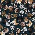 Flat dark seamless pattern pedigree dogs