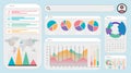 Flat dashboard layout featuring global analytics with pie charts, world map, calendar, and data layers.