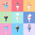 Flat data filter or tunnel icons set