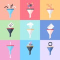 Flat data filter or tunnel icons set Royalty Free Stock Photo