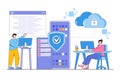 Flat database programmer with programming languages, css, html, it, ui, developing, coding concept. Outline design style minimal Royalty Free Stock Photo