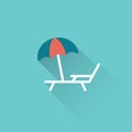 Flat deckchair with umbrella icon on blue background