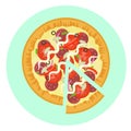 Flat delicious colorful pizza with salami, mushrooms, tomato, pepper icon