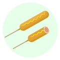 Flat delicious corn dog with sausage in dough and mustard icon