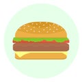 Flat delicious hamburger with patty-cake and vegetables icon