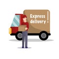 Flat delivery service truck and courier in uniform with box in hands Royalty Free Stock Photo