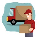 Flat delivery service truck and courier in uniform with box in hands Royalty Free Stock Photo