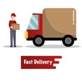 Flat delivery service truck and courier in uniform with box and red banner Royalty Free Stock Photo