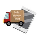 Flat delivery service truck and mobile phone meaning online delivery order Royalty Free Stock Photo