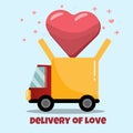 Flat delivery truck with heart flying out of it greeting card, poster, banner, logo, icon. Royalty Free Stock Photo