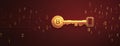 Binary crypto key unlocking digital lock on maroon postcard