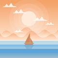 Flat desidn Sea landscape, Nature vector background, landscape with mountains and sun with boat Royalty Free Stock Photo