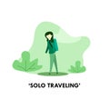 Solo girl traveling and Adventure. Solo Traveling vector. Girl walking with backpack. Flat design Illustration Royalty Free Stock Photo