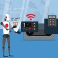 Flat design of automatic machine concept,Robot checking warning alert from machine and fix it, vector